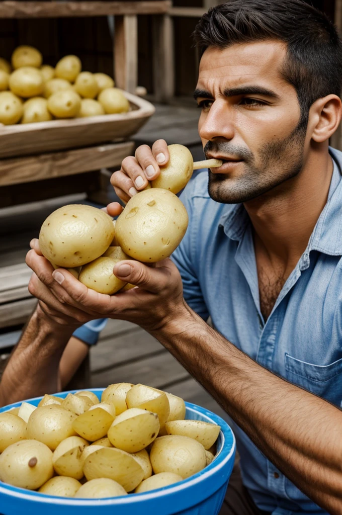 Argentinian men with big nose eating raw potatoes with dirt