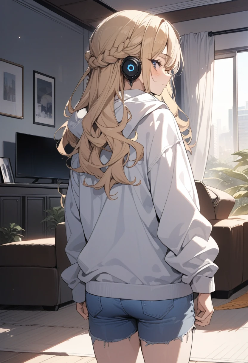 masterpiece, best quality, extremely detailed, ultra detailed, flat anime, 2D,
1girl, (young adult:1.2),blonde hair, (semi-long hair:1.2), curly hair, french braid, medium breasts, tsurime, height 1.7meters, 
white hooded sweatshirt, jeans,  earring,bracelet, long sleeves, ((Bluetooth small earphone)),socks,
from behind, upper body, looking back, right side,
summer, livingroom, 12AM., standing