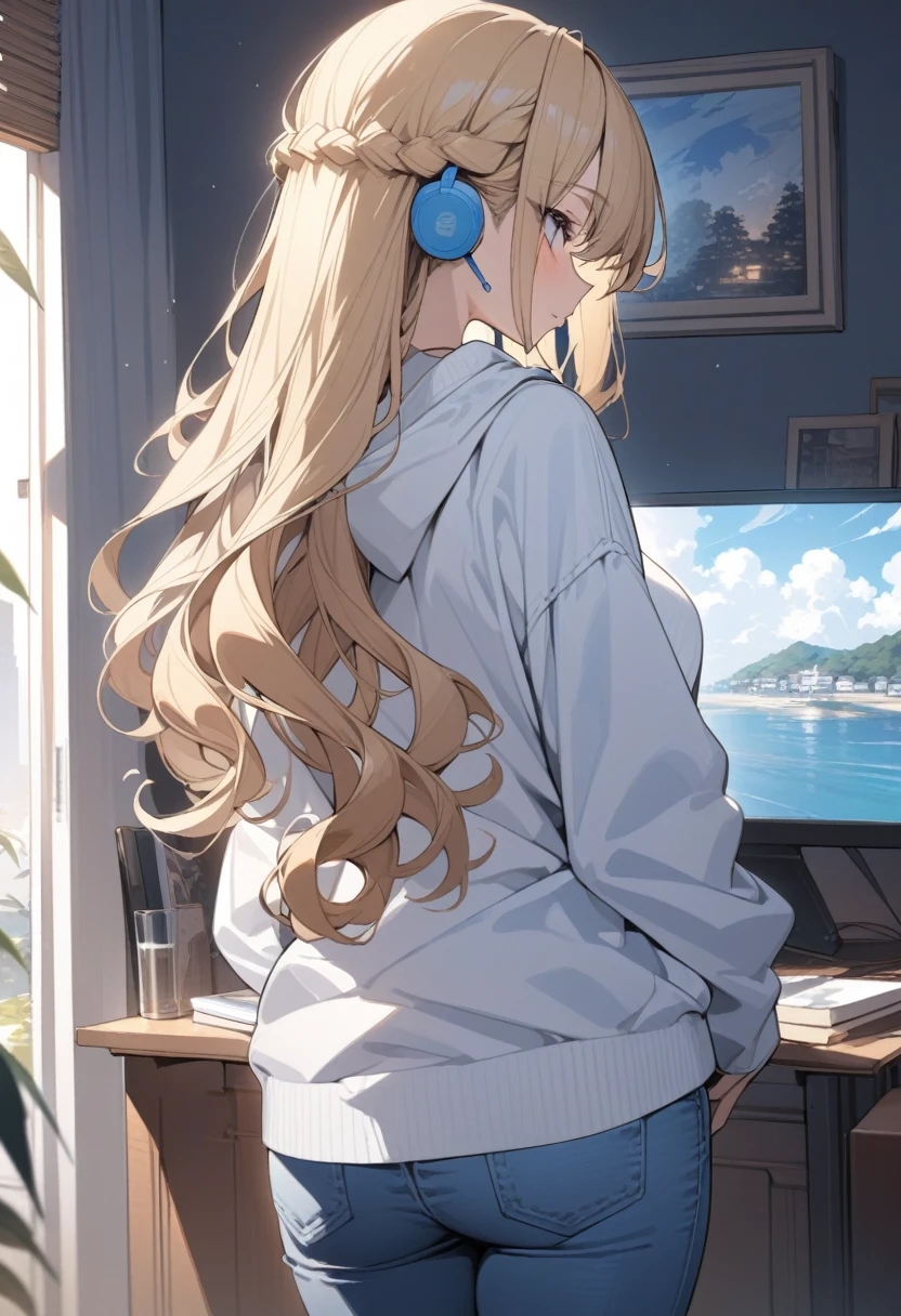 masterpiece, best quality, extremely detailed, ultra detailed, flat anime, 2D,
1girl, (young adult:1.2),blonde hair, (semi-long hair:1.2), curly hair, french braid, medium breasts, tsurime, height 1.7meters,
white hooded sweatshirt, jeans, earring,bracelet, long sleeves, ((Bluetooth small earphone)),socks,
from behind, upper body, looking back, right side,
summer, livingroom, 12AM., standing