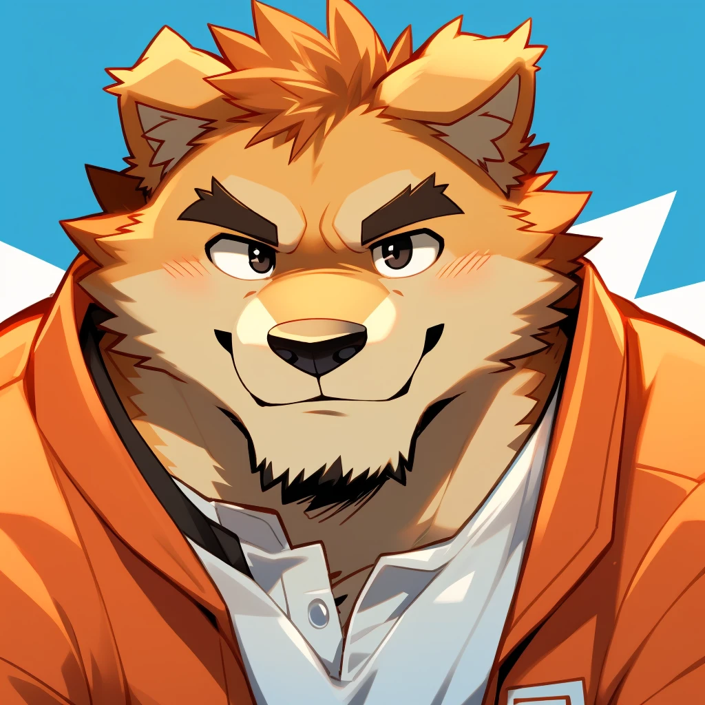 Scribble 德国牧羊dog face,Cute face,Humanity(dog),(Set:1.3),Muscular,(Black eyebrows:1.1),（Close one eye:1.2）,(Perfect black eyes),Simple background, Blue Background,Printmaking style。（artist:Takemoto Arashi）