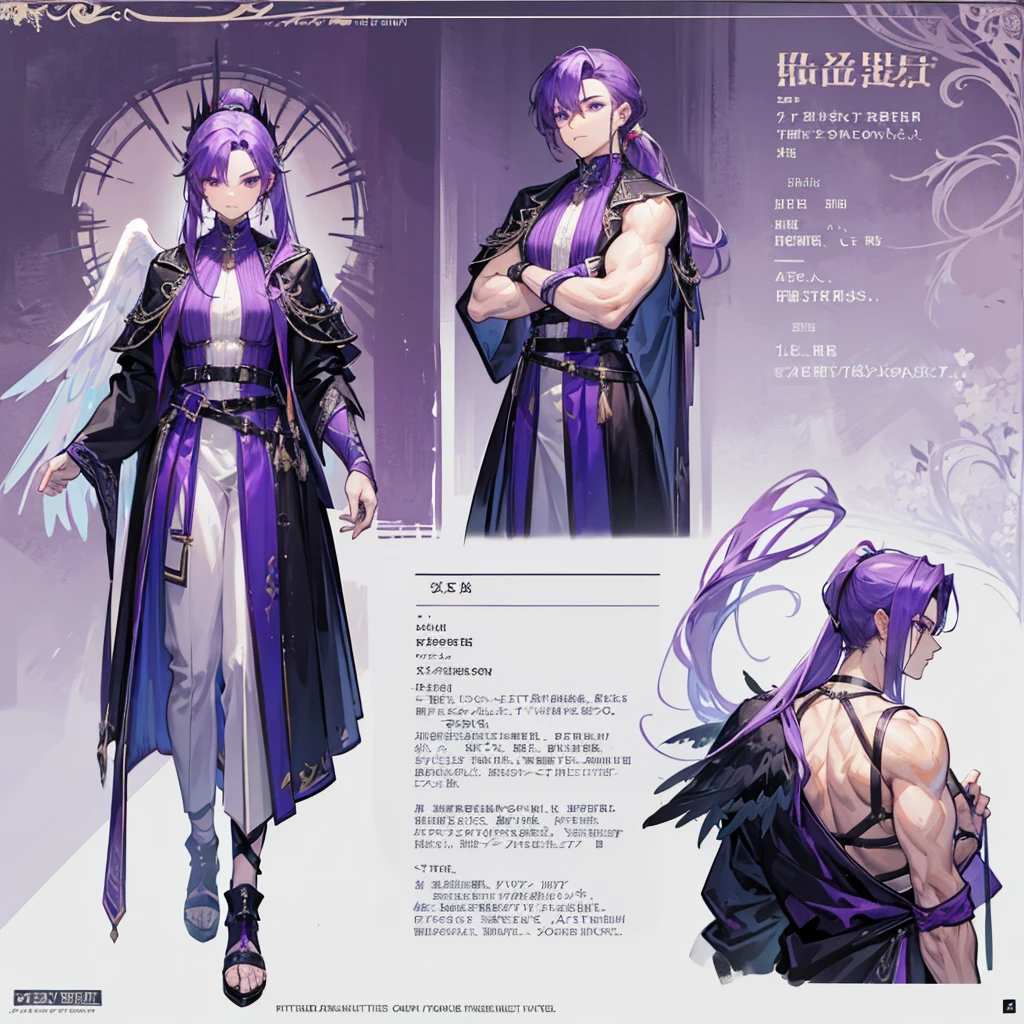 (Masterpiece, best quality), detailed, 1 man, ((character concept art)), ((character design sheet, same character, front, side, back)), full body, body complete, 1 Male angel, 1 Man angel, Detailed face, character design sheet,full bodyesbian, Highly detailed, character sheet, character design, Many parts, dark skin, angel wings, long ponytail purple hair, angel outfit, muscle male god, male clothes, masculine, muscle man, male muscle, manly, male angel, Muscle male with long ponytail purple hair,beautiful man, beautiful muscle man