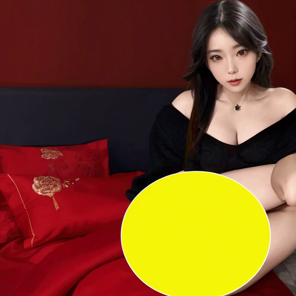 there is a woman Sitting on the bed with a Yellow pillow, elegant Yellow skin, red only, monochrome, 有人Sitting on the bed, Red only, Red only, Yellow, Sitting on the bed, Pose on the same bed, Home, sha xi, silk, elegant, with Yellow cloths, long cloths red like silk, no color