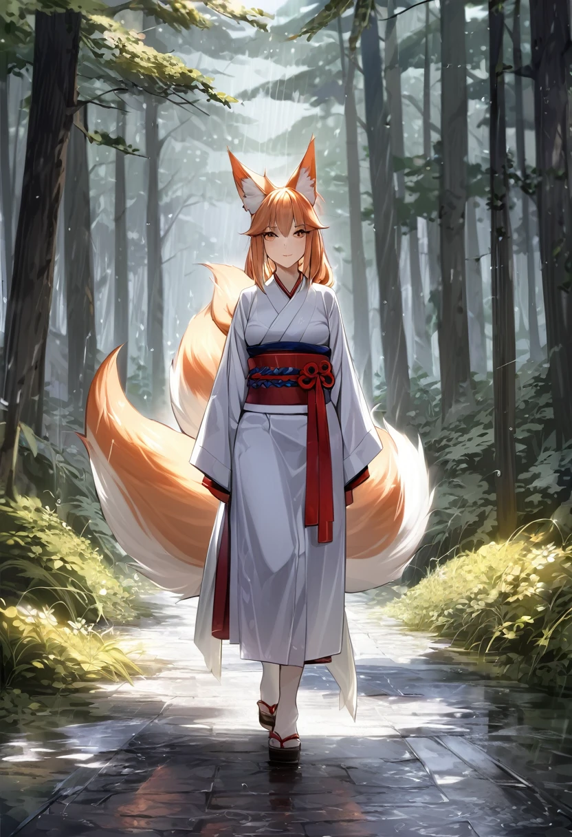 Masterpiece, Extremely detailed, Photo, A beautiful kitsune woman walking in a rainy forest, fox ears, nine fox tails, traditional Japanese clothing. 