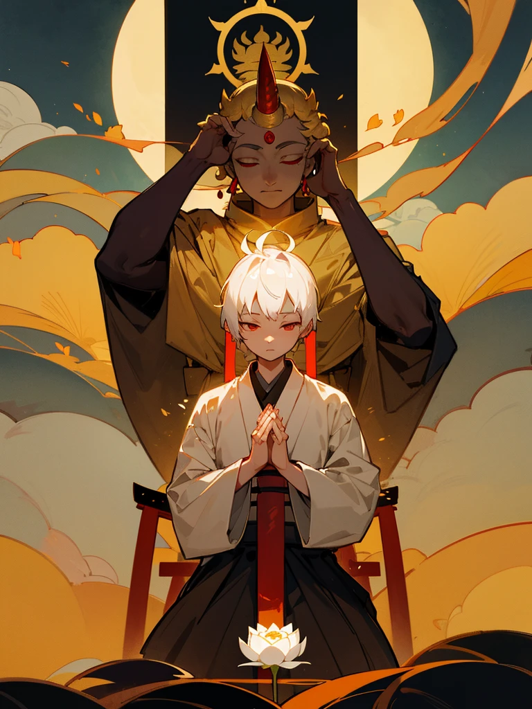 Buddha,Burning Eyes, horn, white short hair, black armor, torii, man, full moon, hands together in prayer, Zen meditation Golden guardian dog Japanese sword Lotus flower field Paradise Swallow
