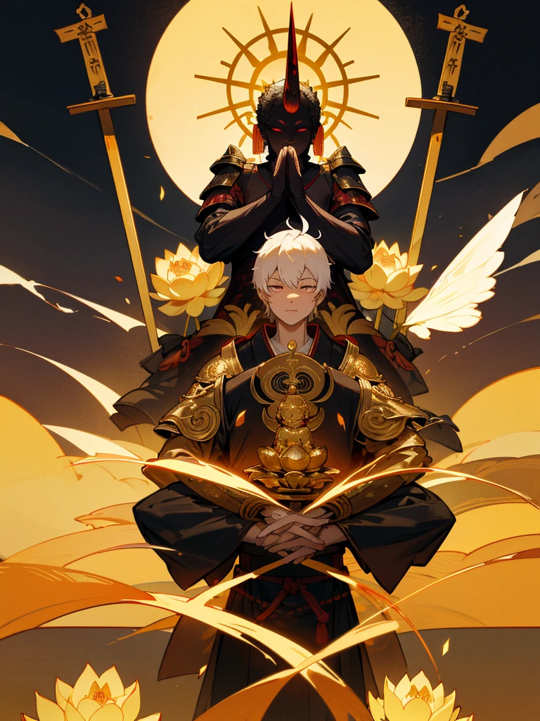 Buddha,Burning Eyes, horn, white short hair, black armor, torii, man, full moon, hands together in prayer, Zen meditation Golden guardian dog Japanese sword Lotus flower field Paradise Swallow