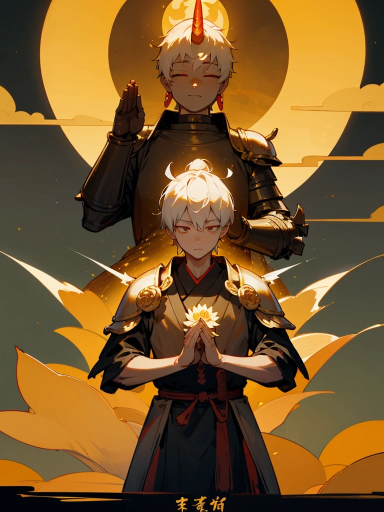 Buddha,Burning Eyes, horn, white short hair, black armor, torii, man, full moon, hands together in prayer, Zen meditation Golden guardian dog Japanese sword Lotus flower field Paradise Swallow