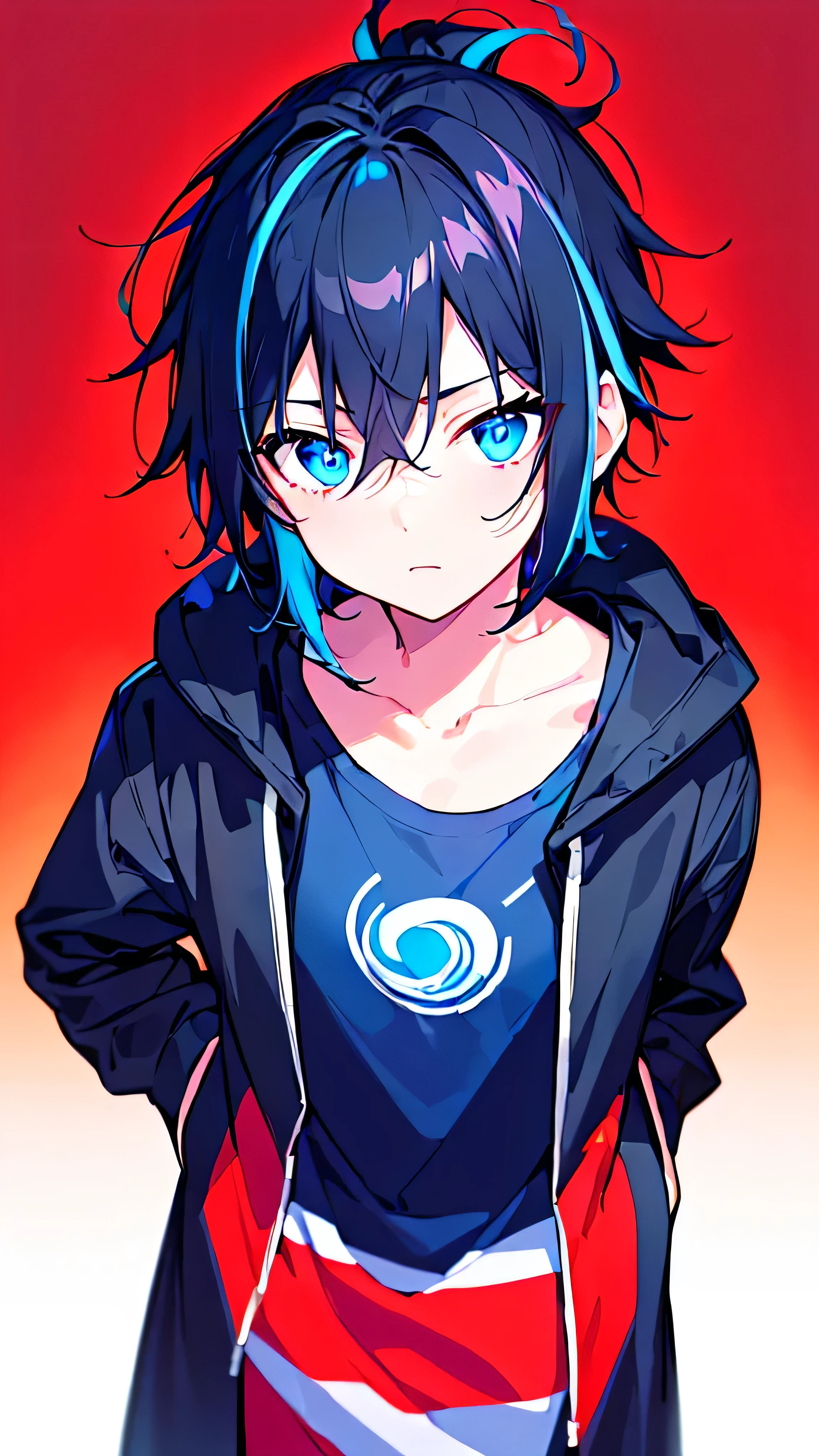 [(RED BACKGROUND:1.5),::5], ((((masterpiece)))), high quality, ultra very high resolution, full color, (((solo))), ((little boy)), BLACK hair, (Blue streaked hair), (oriental deepblue eyes), anime, ((upper body)), Summer clothes, neon light, black parka, 