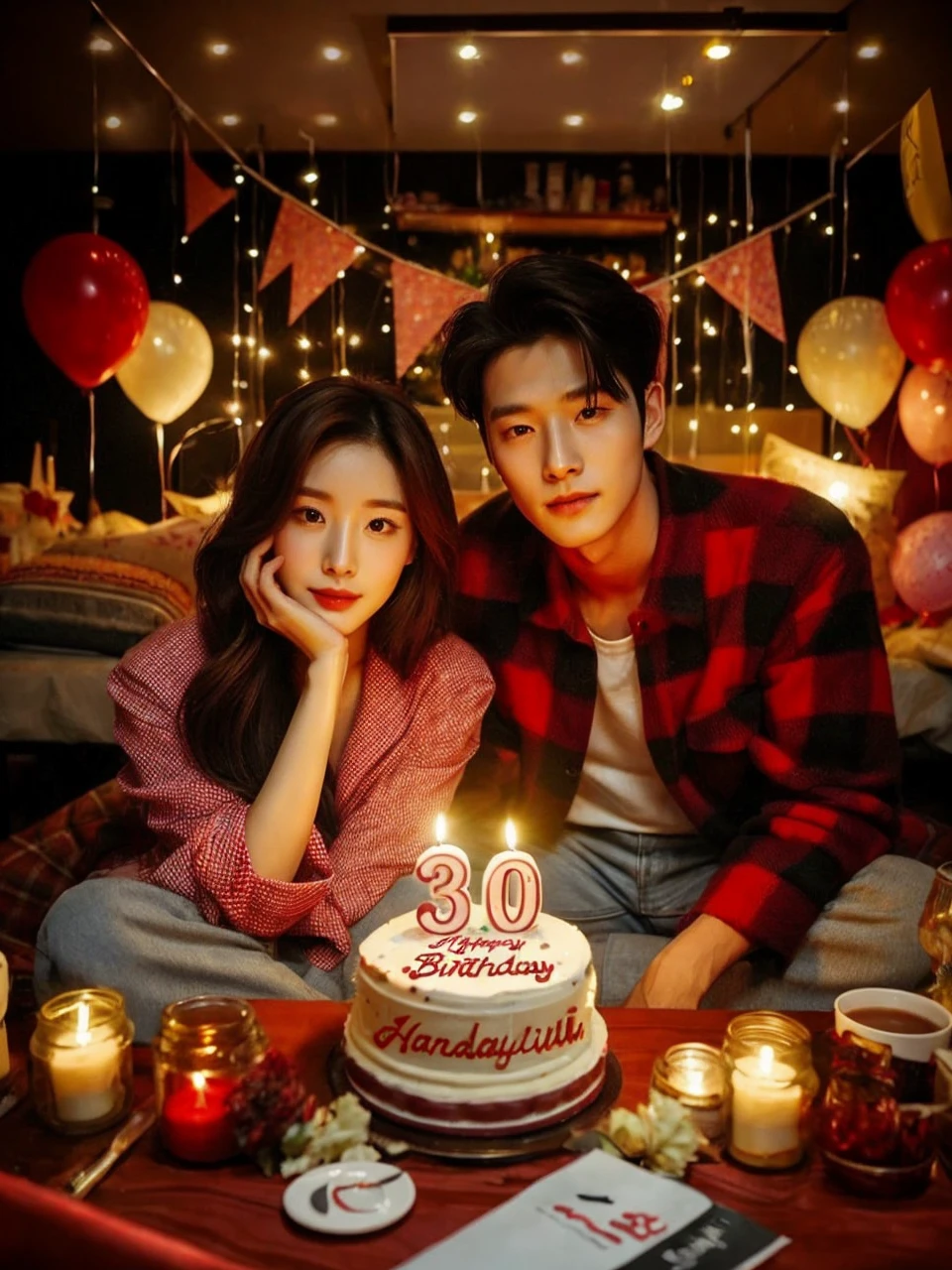 real potrait, full body, long shot, a Korean woman with long hair, wear casual clothes, Beside him was a Korean man with short slick-back hair wearing red flannel, Sit down, in front of him is a birthday cake, there are number candles "30", Behind it is full of birthday accessories, night atmosphere, romantic feel, charming bright colors