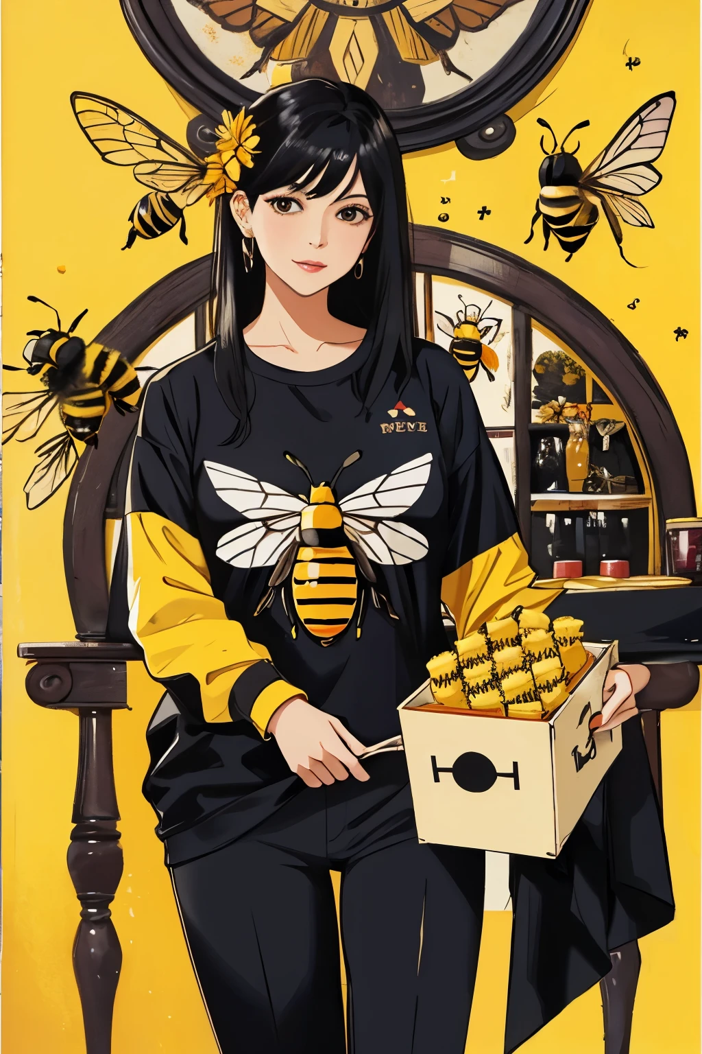 A painting of a 1 chicken nugget and a bee in the shape of a black haired woman , 4k bee woman