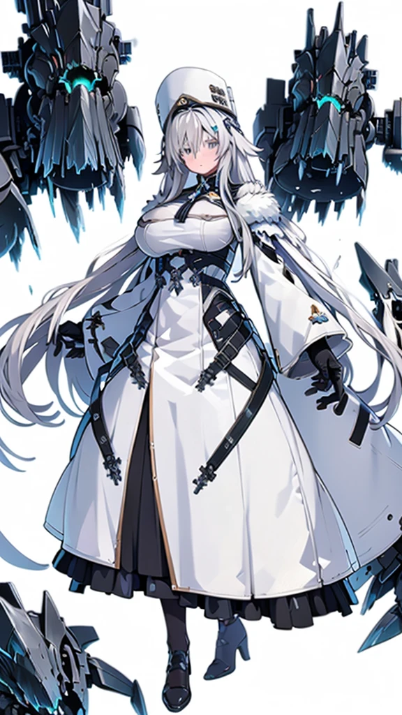 Anime, 1girl, ((masterpiece))best quality, ultra-detailed, high res, perfect face, large mechanical arms, Sovetsky_Soyuz, sovetsky soyuz, standing, busty, white military's uniform, white hat, white huge hairstyle, busty, large heavy mechanical arms