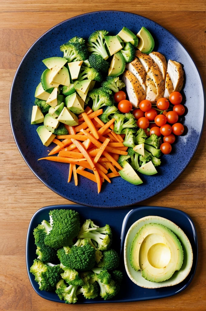 Create an image that inside a plate in one corner there is the chicken in the other corner the tomato in the other corner the broccoli in the other corner the carrot and in the center of all that there is an avocado cut into pieces
