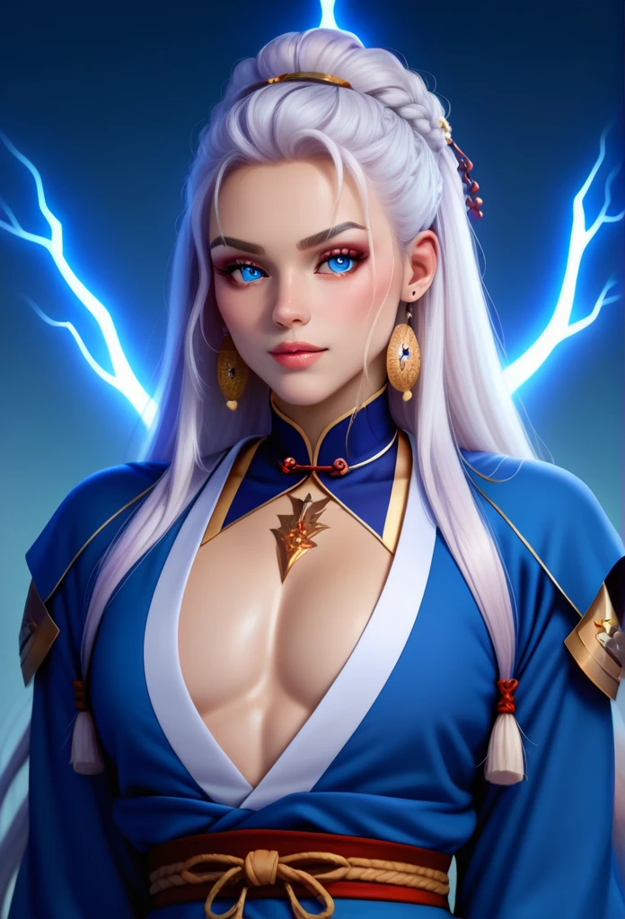 score_9, score_8_up, score_7_up, score_6_up, score_5_up, score_4_up, Perfect_anatomy, Raiden has long, flowing white hair that crackles with electric energy, and piercing azure eyes that glow with an otherworldly light. He wears a traditional samurai outfit, but it is adorned with intricate patterns of lightning and celestial symbols. His armor is a blend of ancient samurai craftsmanship and divine elements, giving him a regal and formidable presence.