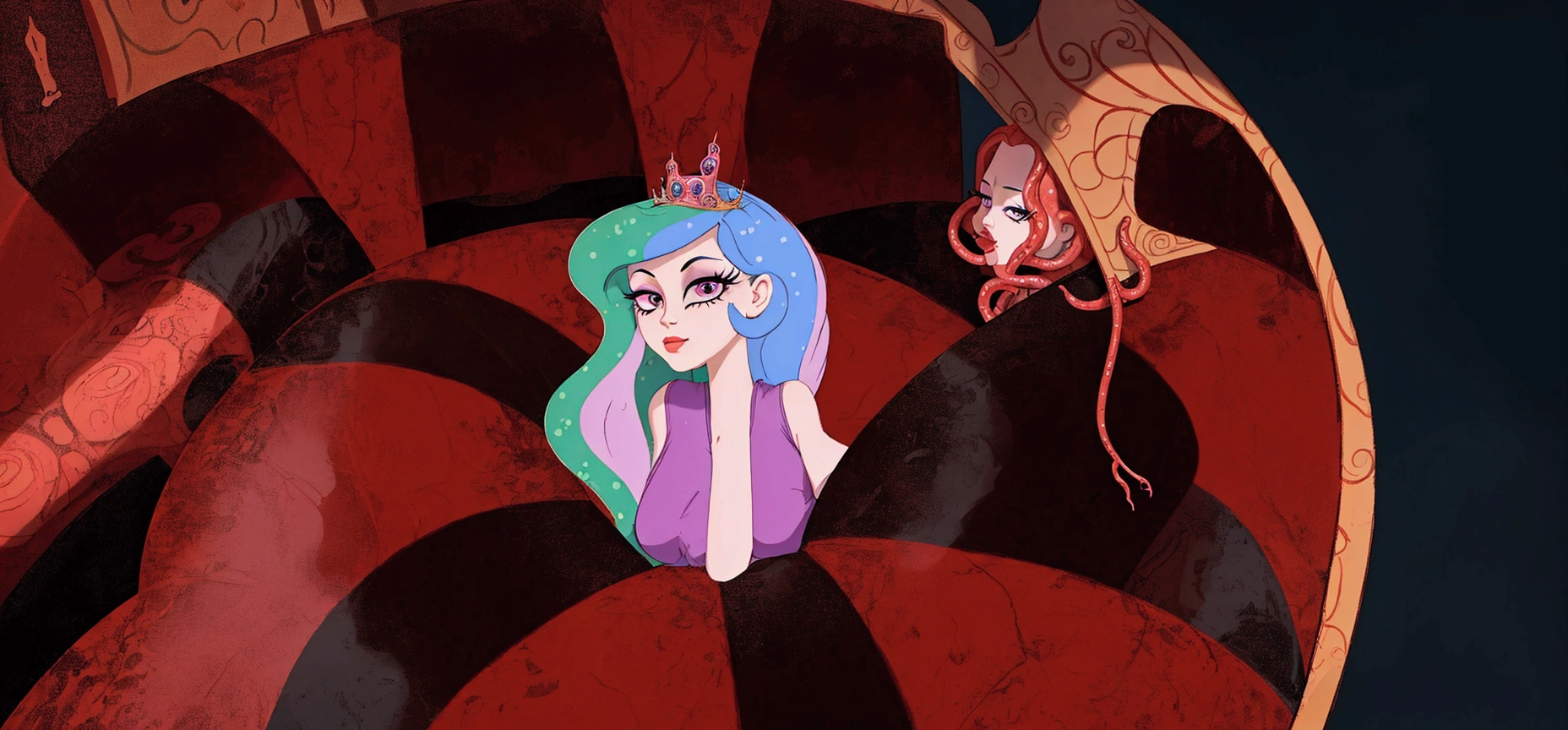 there is a cartoon girl that is sitting in a giant red ball, very sad medusa, fan art, big tentacle sneak around, some tentacles are touching her, in a throne room, evil princess, lamia, sitting on obsidian throne, inspired by Sebastian Vrancx, mlp fanart, female disney villain, in a crashed spaceship, princess in foreground