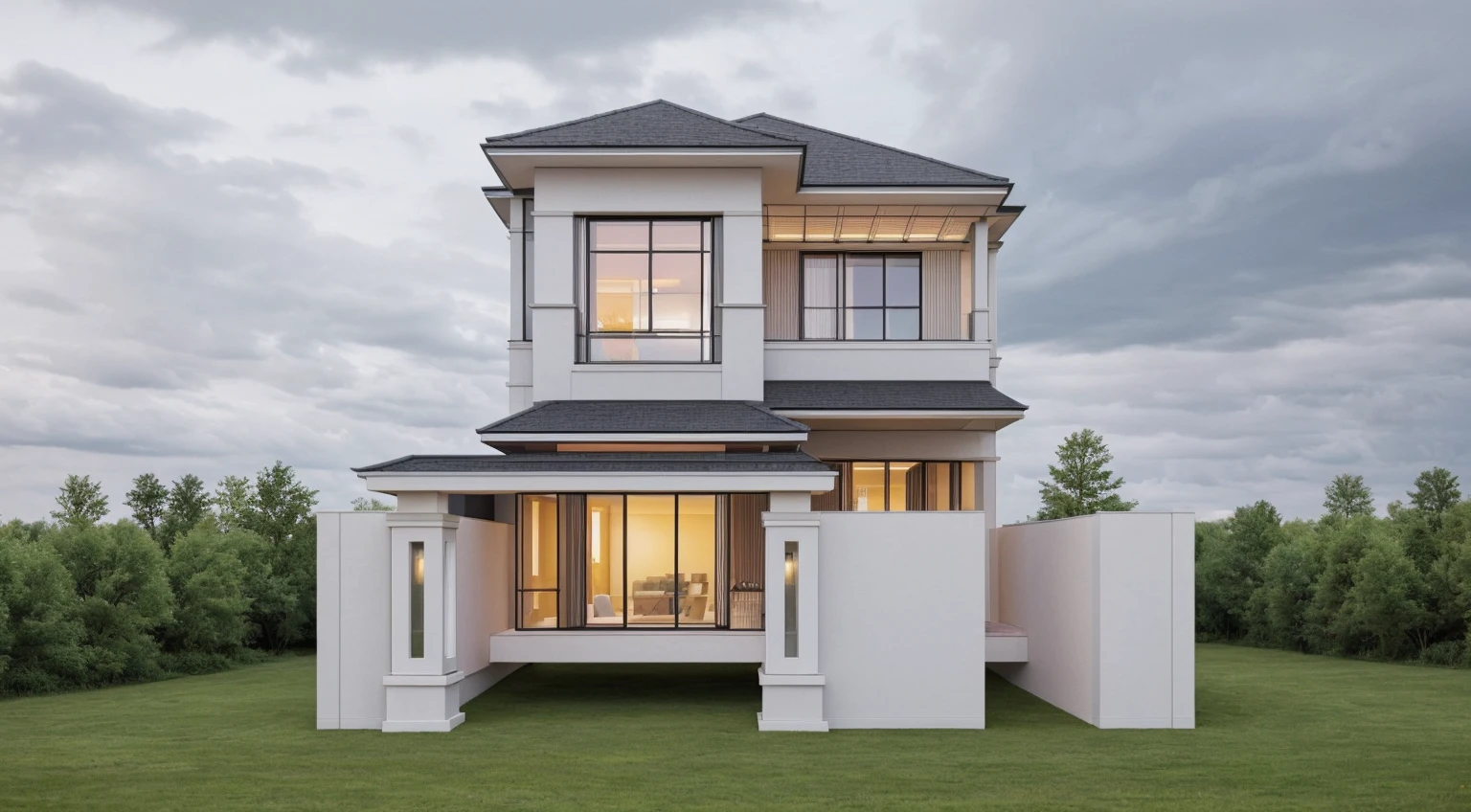 modern house, beautiful view, large windows, ((white wall)), (glass railings), surrounded by trees, lawn, (large sliding glass doors), linear straight line, sunset light, neutral colored lights, beautiful, cloudy sky, landscape, plain terrain, RAW photo, subject, 8k uhd, dslr, soft lighting, high quality, film grain, Fujifilm XT3
