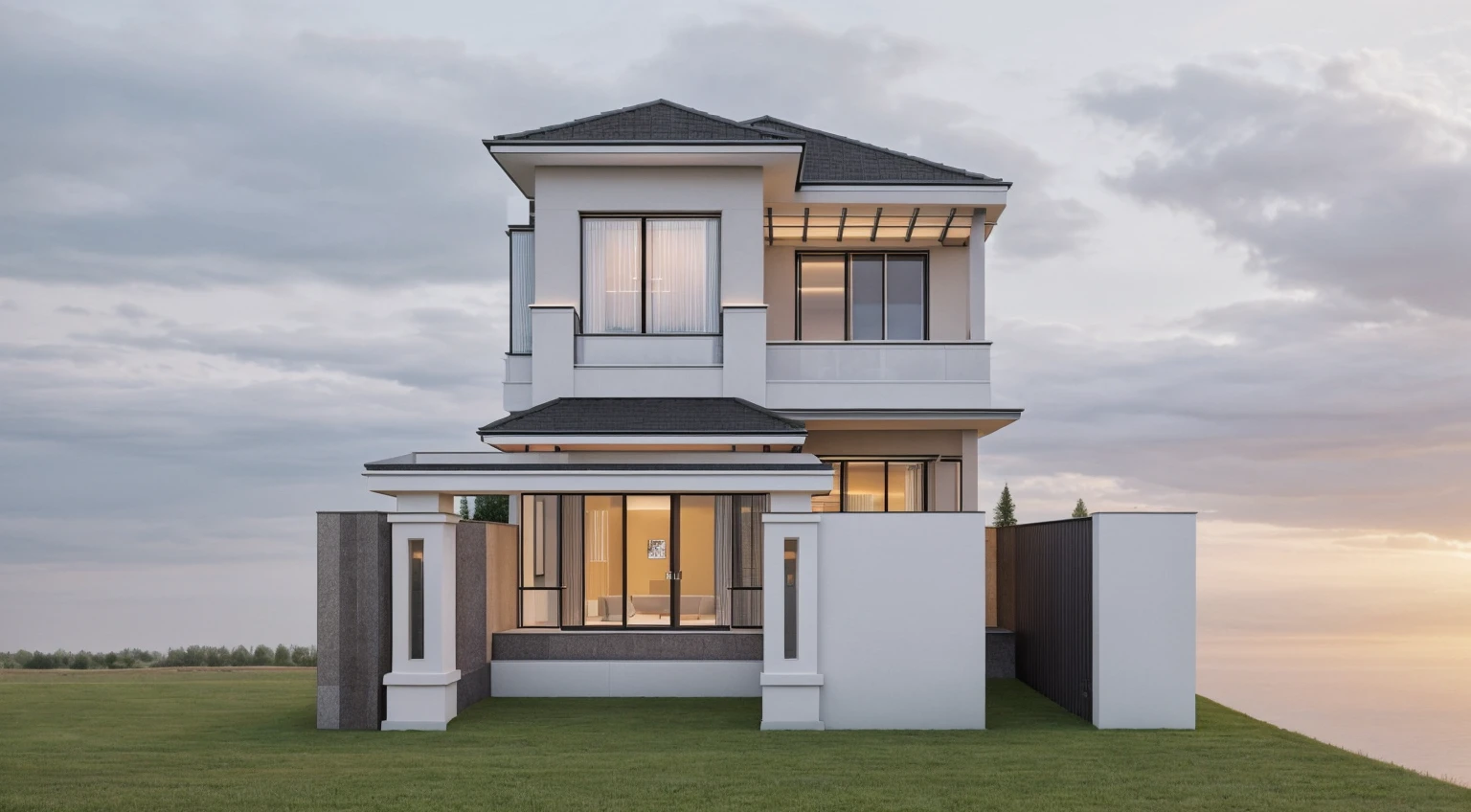 modern house, beautiful view, large windows, ((white wall)), (glass railings), surrounded by trees, lawn, (large sliding glass doors), linear straight line, sunset light, neutral colored lights, beautiful, cloudy sky, landscape, plain terrain, RAW photo, subject, 8k uhd, dslr, soft lighting, high quality, film grain, Fujifilm XT3