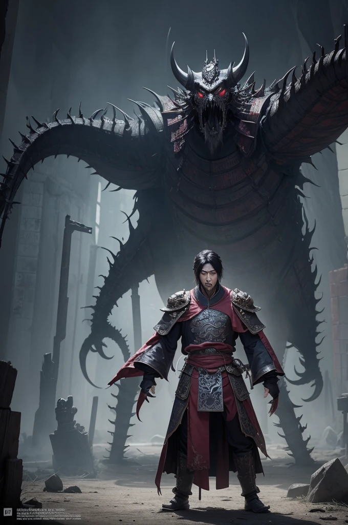 Make a creature with long arms, Cao Cao, ghastly, abandoned and dark place, Terror