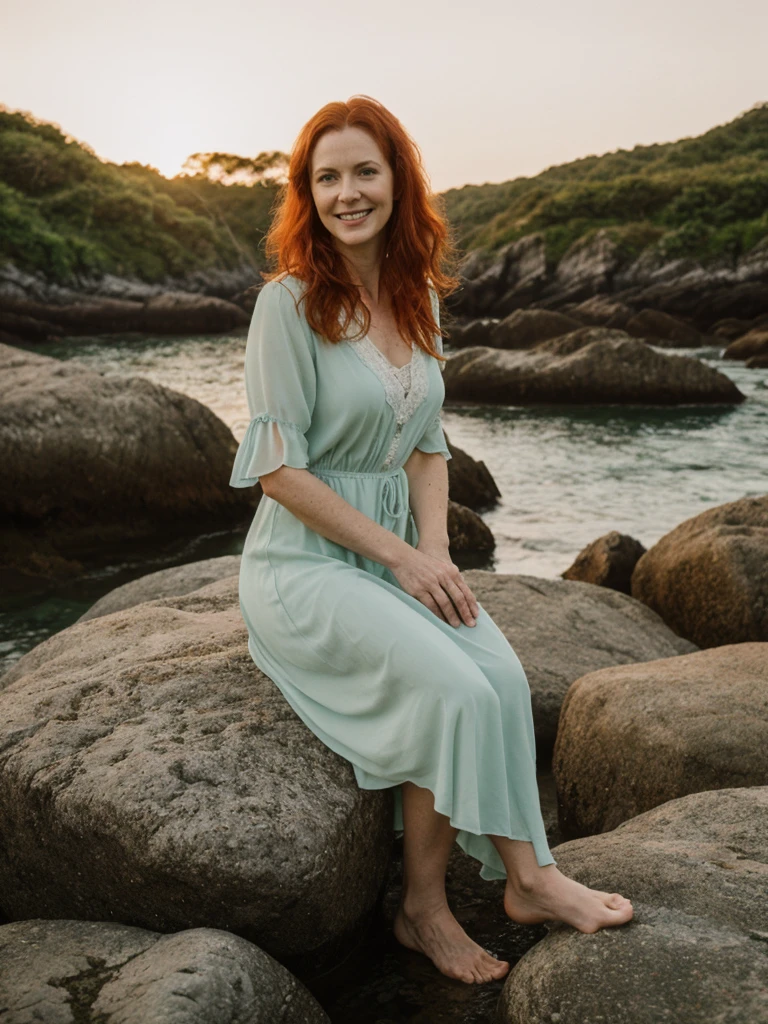portrait, her name is Mia, high quality, 1 old woman, ((40-year-old guitar shaped body irish woman)), (((40 years old))), (guitar shaped body), wide hips, (wrinkled body), (old body), (((red hair))), (pale skin), ((green eyes)), she is wearing a sexy boho dress, POSE: sitting, smiling, BREAK, BACKGROUND: outdoor: secluded cove at sunrise, coves, dawn, tide pools, seashells, small boat