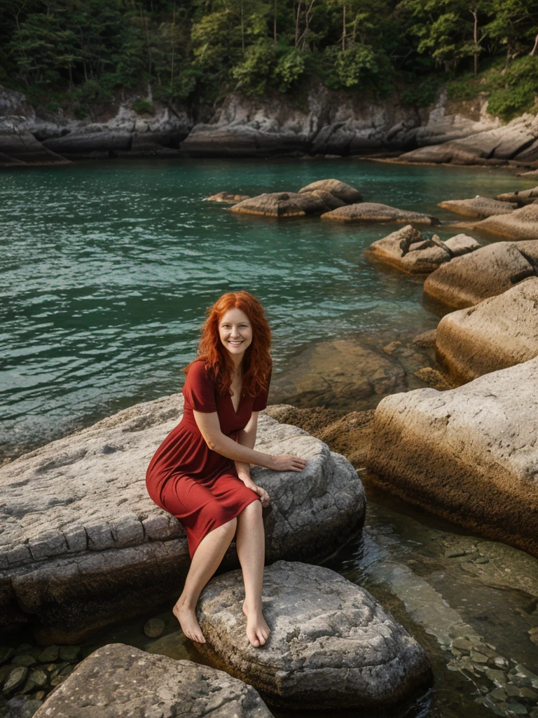 portrait, her name is Mia, high quality, 1 old woman, ((40-year-old guitar shaped body irish woman)), (((40 years old))), (guitar shaped body), wide hips, (wrinkled body), (old body), (((red hair))), (pale skin), ((green eyes)), she is wearing a sexy boho dress, POSE: sitting, smiling, BREAK, BACKGROUND: outdoor: secluded cove at sunrise, coves, dawn, tide pools, seashells, small boat