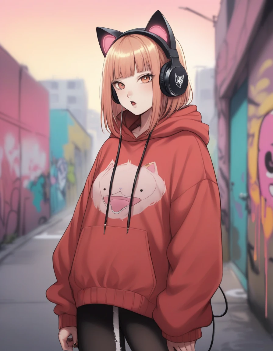 Cute cat girl hinata sexy peitos grandes roupas rasgadas ed in a red gold hoodie all red pastel Black accents, oversized headphones snugly fit around its neck, bebendo um café bem quente mid-action as it maneuvers through an urban setting, backdrop of graffiti-covered walls, contemporary streetwear fashion vibe, pastel tones, soft-focus background, bokeh lights, digital painting, ultra fine, ultra realistic