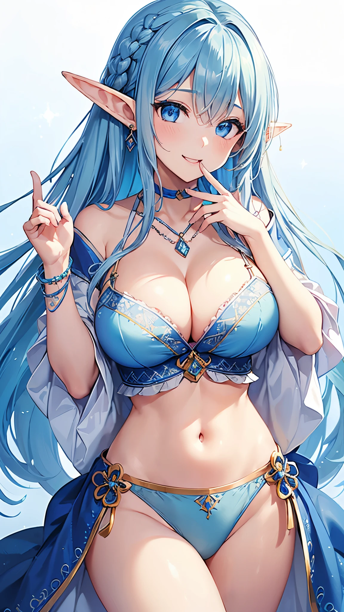 Highest quality、Highest quality、masterpiece、(8k resolution),beauty(Age 25)、(Mature Appearance)、Light blue long hair(Braiding of the sides)、blue eyes、(Blue underwear with detailed embroidery)、(Elf)、Big cleavage、((Very large breasts))、smile、blue necklace、Blue Earrings、background(ice)、Please open your mouth wide、bracelet、Dynamic pose、Blue choker、