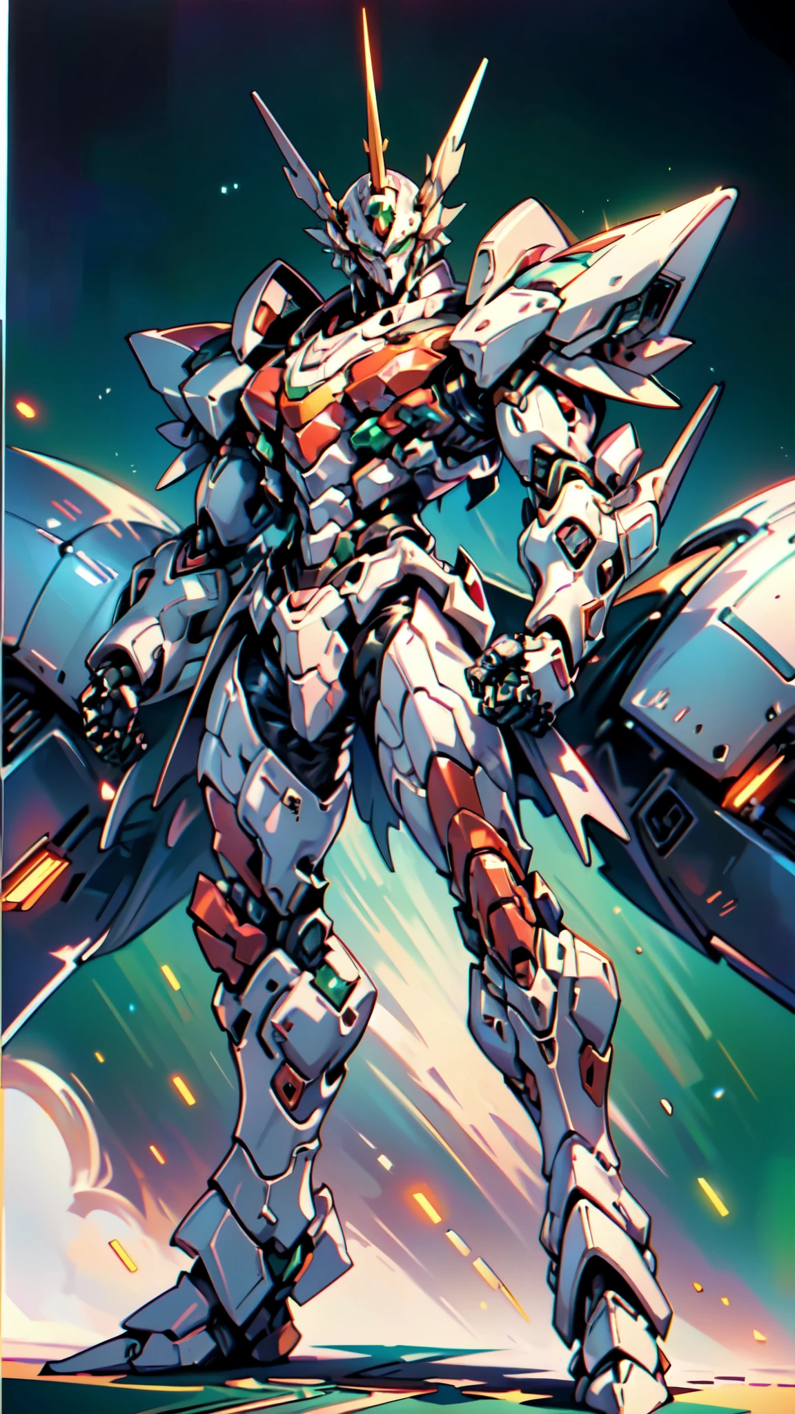(masterpiece:1.5, best quality:1.5, extremely delicate:1.5, foreshortening:1.5, dynamic angle:1.5), a man wearing a full-face helmet, a fantasy-style biotech armored combat suit, green eyes, (a composite layered chest armor), fully enclosed shoulder guards, matching arm and leg guards, belt of Neon circuit, (the color scheme is primarily white with red green accents), the design balances heavy with agility, a high-tech bio-mecha armor, (Armor Concept Inspired by neon Cyberpunk, stand on the top of a skyscraper in a futuristic sci-fi city), this character embodies a finely crafted fantasy-surreal style armored hero in anime style, exquisite and mature manga art style, (element, plasma, energy, the armor glows), ((male:1.5)), metallic, high definition, highres, ultra-detailed, ultra-fine painting, professional, perfect body proportions, golden ratio, anatomically correct, symmetrical face, extremely detailed eyes and face, high quality eyes, creativity, RAW photo, UHD, 32k, Natural light, cinematic lighting, masterpiece-anatomy-perfect