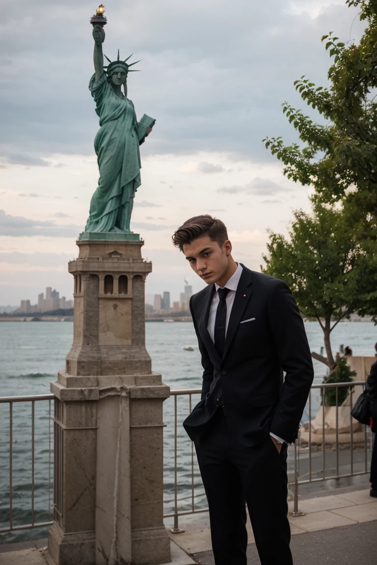 20 year old man in a suit in Paris behind the Statue of Liberty