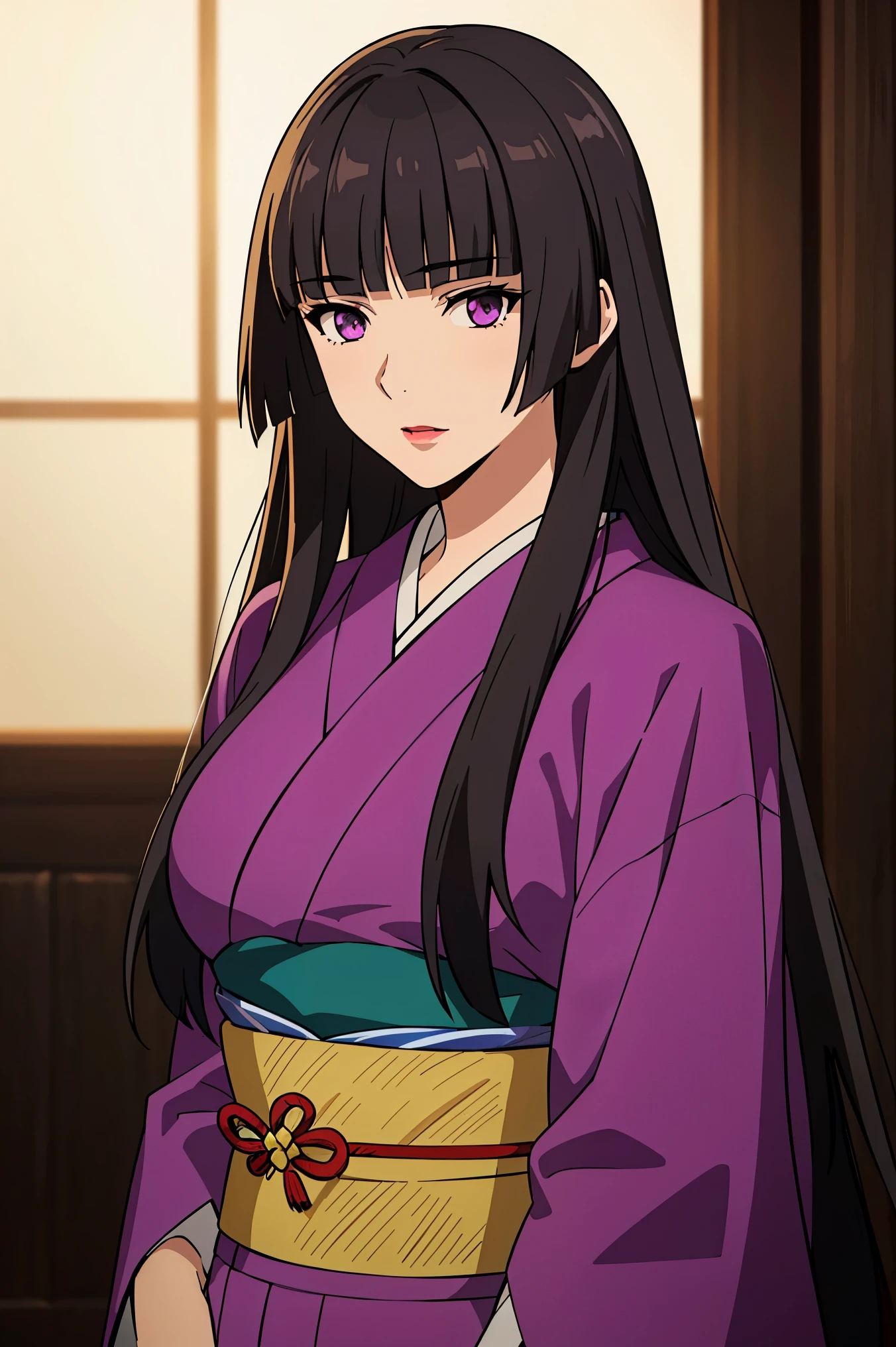 glass, 1girl, solo, long hair, bangs, black hair, purple eyes, looking at viewer, upper body, blunt bangs, kimono, lipstick, hime cut, cowboy shot, ((masterpiece)), ((best quality)), ((high detailed illustration)), ((high detailed background)), ((realistic lighting))