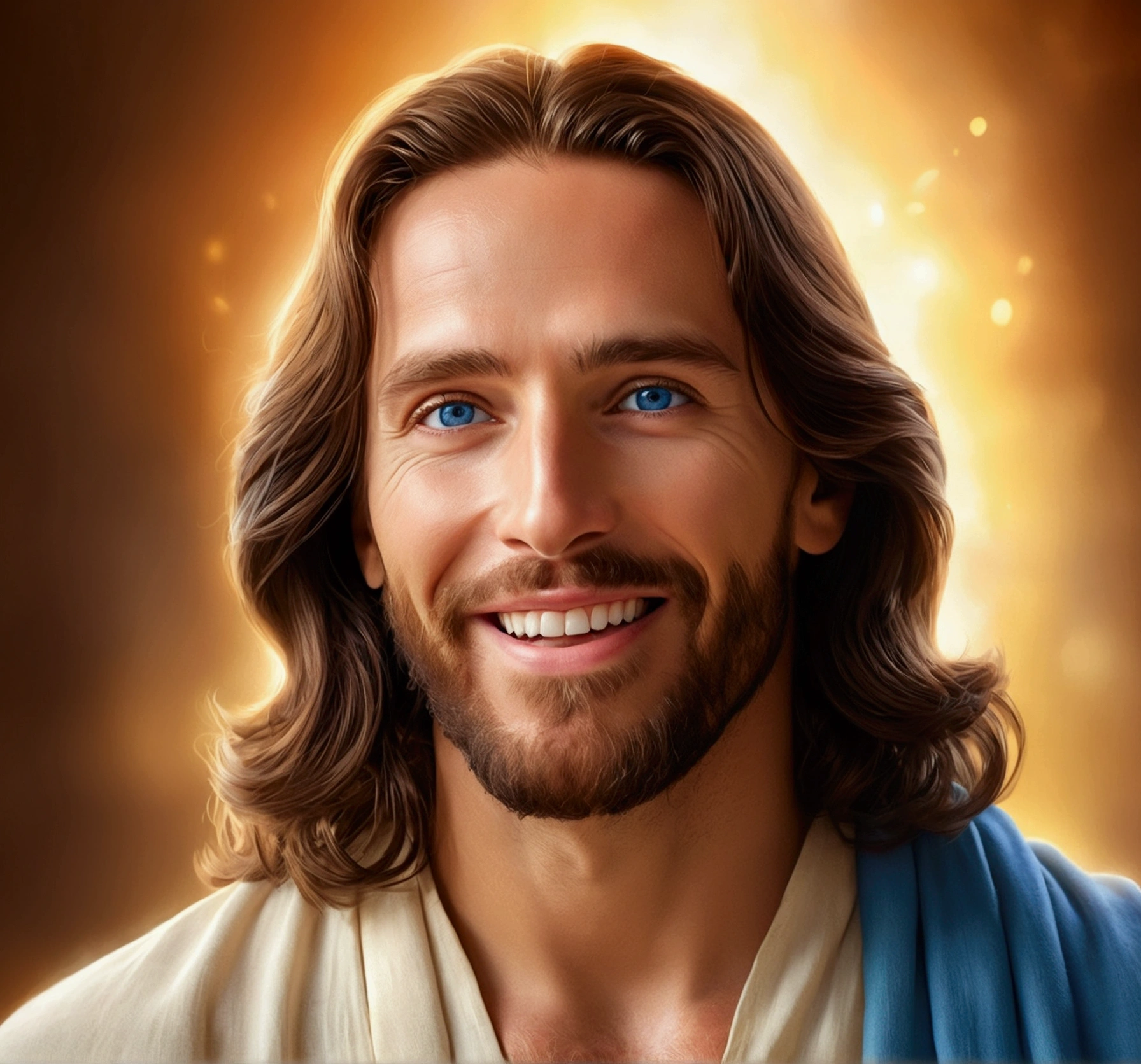 Jesus Christ looking at the camera, captured the middle of laughter, blue eyes shining with joy, soft glow on his face emphasizing serenity, against a warm and diffuse background, warm color palette, high resolution digital painting, capturing the essence of hope and divine goodness, dramatic lighting, ultra realistic