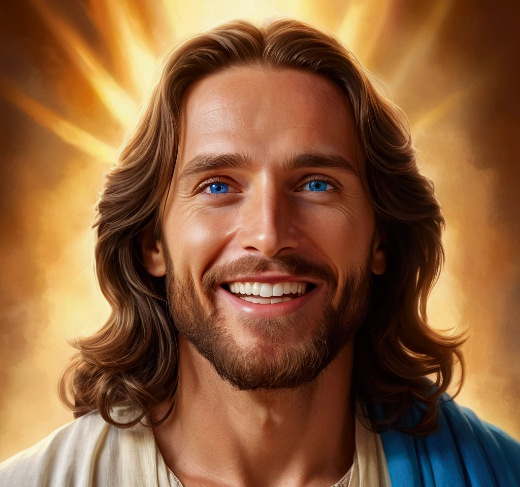 Jesus Christ looking at the camera, captured the middle of laughter, blue eyes shining with joy, soft glow on his face emphasizing serenity, against a warm and diffuse background, warm color palette, high resolution digital painting, capturing the essence of hope and divine goodness, dramatic lighting, ultra realistic