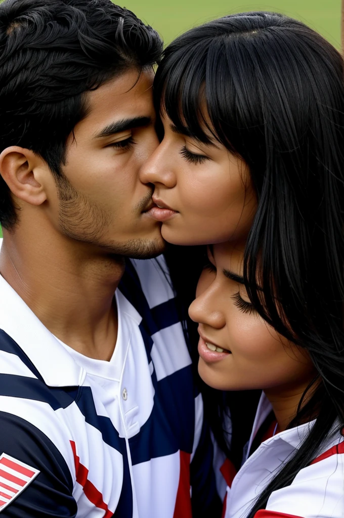 A freedom player from Paraguay and a black-haired girl kissing 