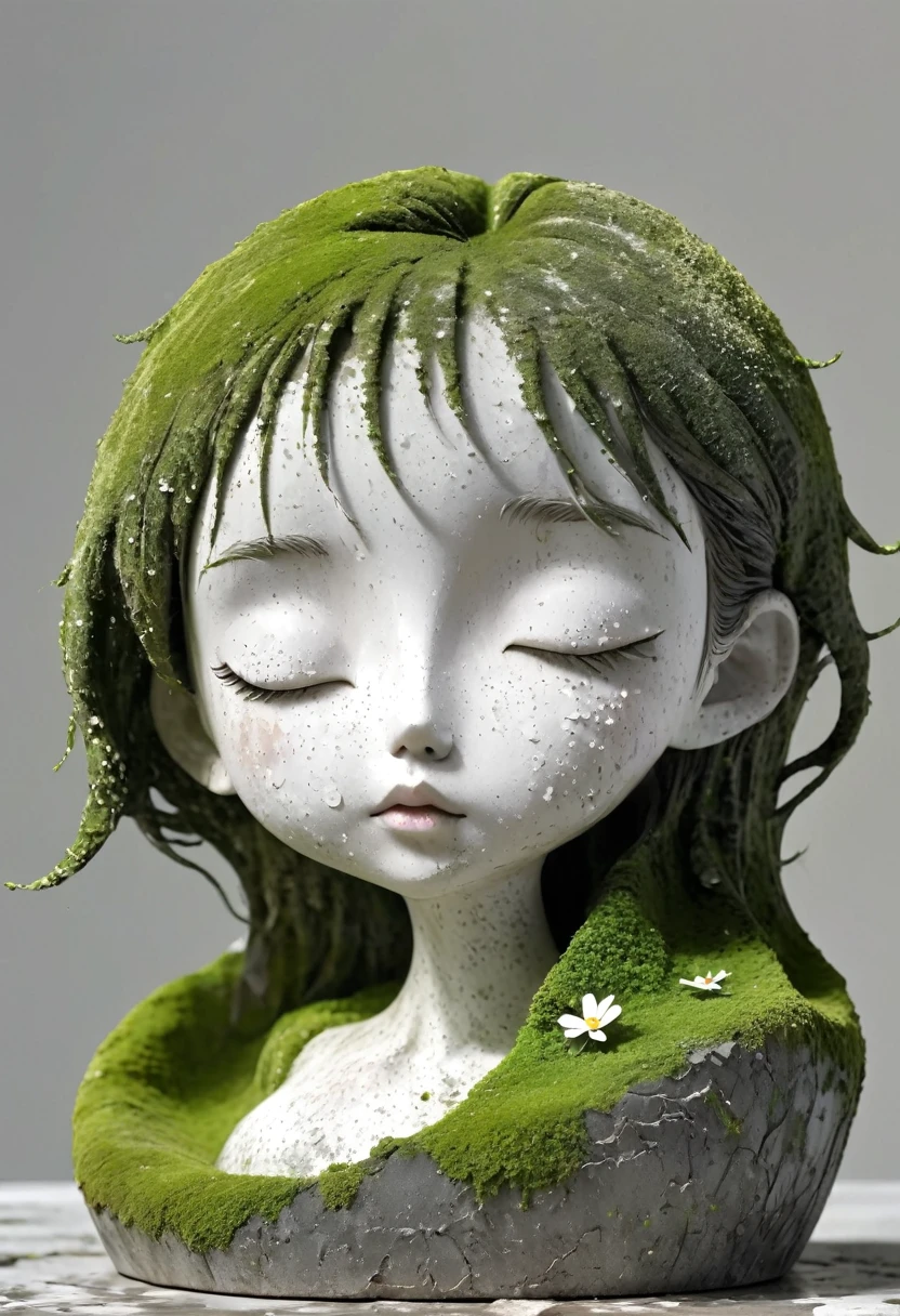 (Best quality：1.2），clay，Pottery，rough，Mineral pigments，3d，clay雕塑艺术，rough表面，（work，Abandoned Sculpture，Minimalist Sculpture，1 girl，Art Blush，cute，rough表面，Surface patterns and textures，Surface scratches，Granular，Old，Damaged，moss，rain，A small white flower，one，Concept Art，）。