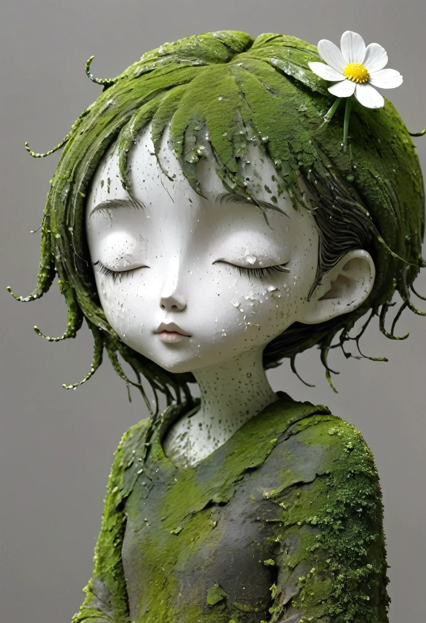 (Best quality：1.2），clay，Pottery，rough，Mineral pigments，3d，clay雕塑艺术，rough表面，（work，Abandoned Sculpture，Minimalist Sculpture，1 girl，Art Blush，cute，rough表面，Surface patterns and textures，Surface scratches，Granular，Old，Damaged，moss，rain，A small white flower，one，Concept Art，）。