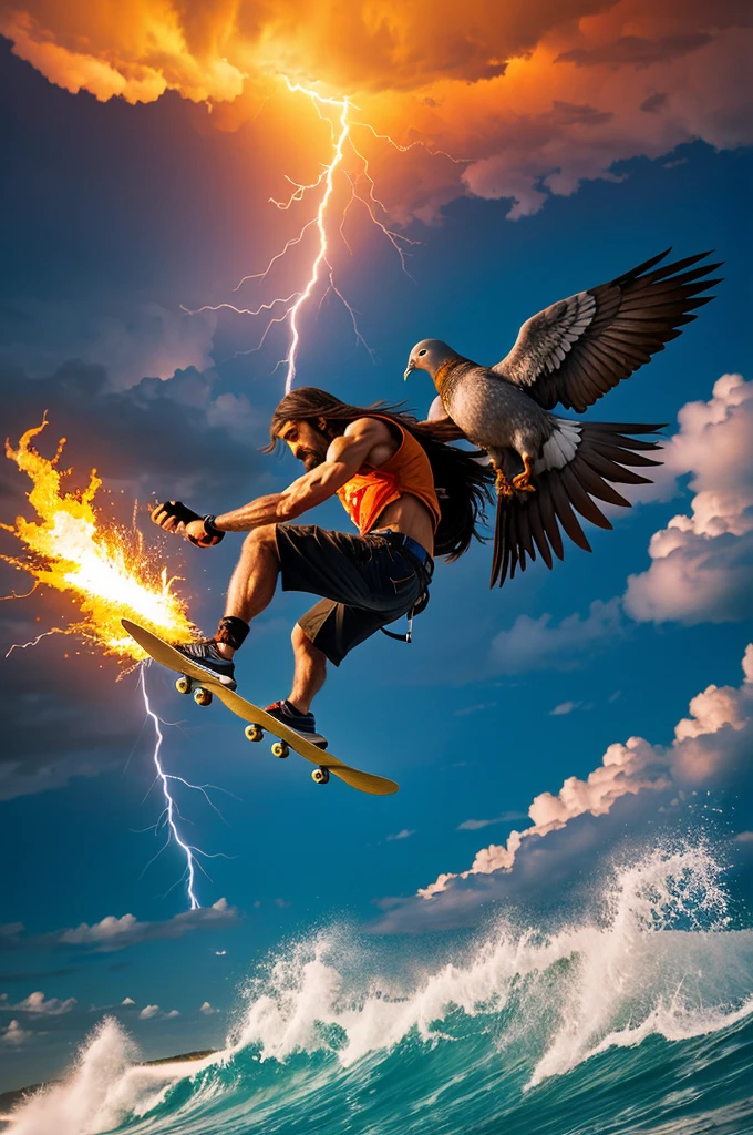 Generates an image of Jesus Christ having a skateboarding duel against a cyborg pigeon in the sky while the ocean is on fire and lightning strikes while the animals watch them