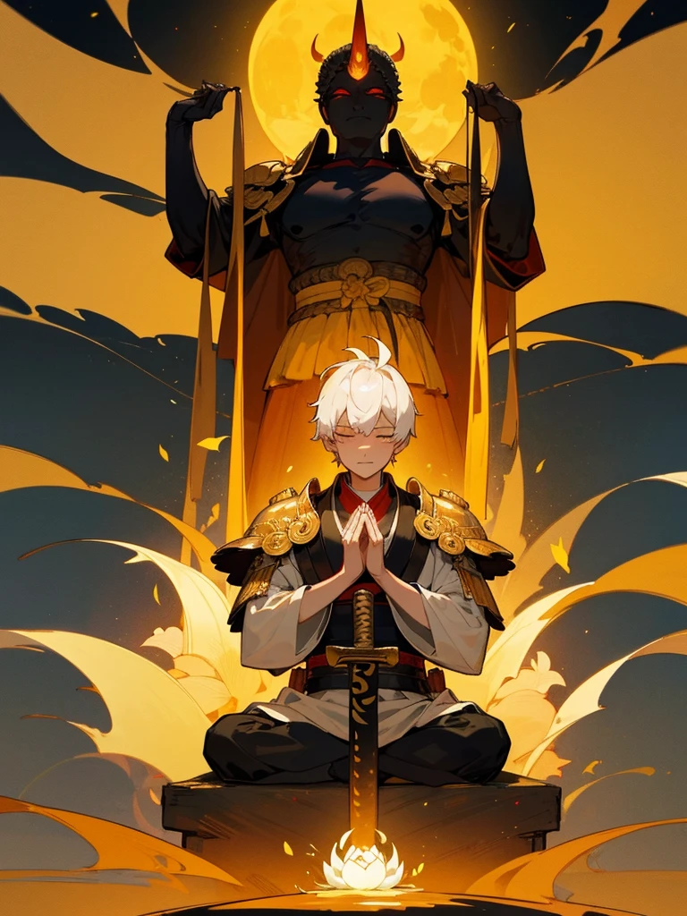 Buddha,Burning Eyes, horn, white short hair, black armor, torii, man, full moon, hands together in prayer, Zen meditation Golden guardian dog Japanese sword Lotus flower field Paradise Swallow