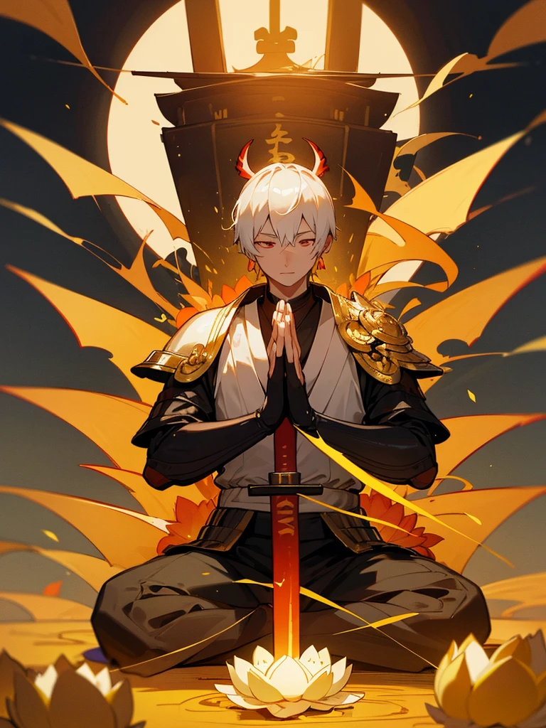 Buddha,Burning Eyes, horn, white short hair, black armor, torii, man, full moon, hands together in prayer, Zen meditation Golden guardian dog Japanese sword Lotus flower field Paradise Swallow