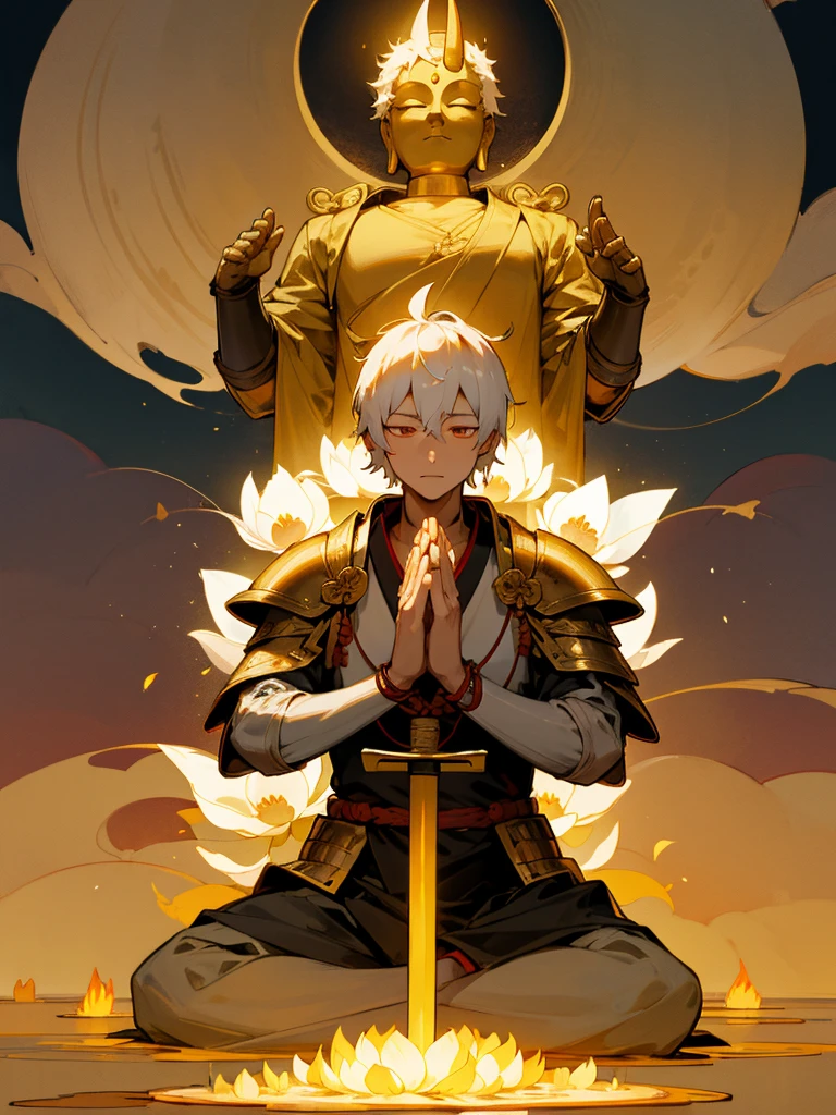 Buddha,Burning Eyes, horn, white short hair, black armor, torii, man, full moon, hands together in prayer, Zen meditation Golden guardian dog Japanese sword Lotus flower field Paradise Swallow