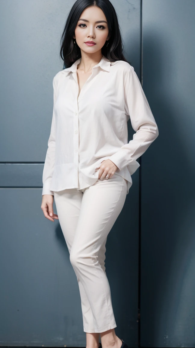 a pretty woman, dressed in white shirt, full body portrait, nice perfect face with perfect face, hyper realistic concept, 8k resolution, photography quality, posing for a photo, photo realistic, ((half open shirt))  long  black hair