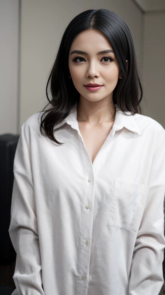 a pretty woman, dressed in white shirt, full body portrait, nice perfect face with perfect face, hyper realistic concept, 8k resolution, photography quality, posing for a photo, photo realistic, ((half open shirt)) long black hair