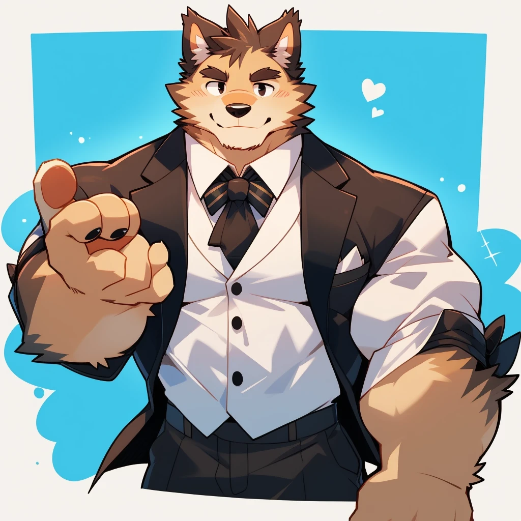 Scribble 德国牧羊dog face,Cute face,Humanity(dog),(Formal wear:1.3),Muscular,(Black eyebrows:1.1),（Close one eye:1.2）,(Perfect black eyes),Simple background, Blue Background,Printmaking style。（artist:Takemoto Arashi）