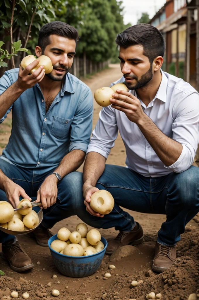 Argentinian men eating raw potatoes with dirt