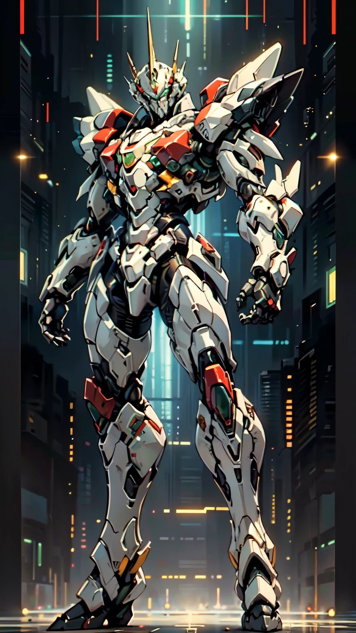 (masterpiece:1.5, best quality:1.5, extremely delicate:1.5, foreshortening:1.5, dynamic angle:1.5), a man wearing a full-face helmet, a fantasy-style biotech armored combat suit, green eyes, (a composite layered chest armor), fully enclosed shoulder guards, matching arm and leg guards, belt of Neon circuit, (the color scheme is primarily white with red green accents), the design balances heavy with agility, a high-tech bio-mecha armor, (Armor Concept Inspired by neon Cyberpunk, stand on the top of a skyscraper in a futuristic sci-fi city), this character embodies a finely crafted fantasy-surreal style armored hero in anime style, exquisite and mature manga art style, (element, plasma, energy, the armor glows), ((male:1.5)), metallic, high definition, highres, ultra-detailed, ultra-fine painting, professional, perfect body proportions, golden ratio, anatomically correct, symmetrical face, extremely detailed eyes and face, high quality eyes, creativity, RAW photo, UHD, 32k, Natural light, cinematic lighting, masterpiece-anatomy-perfect