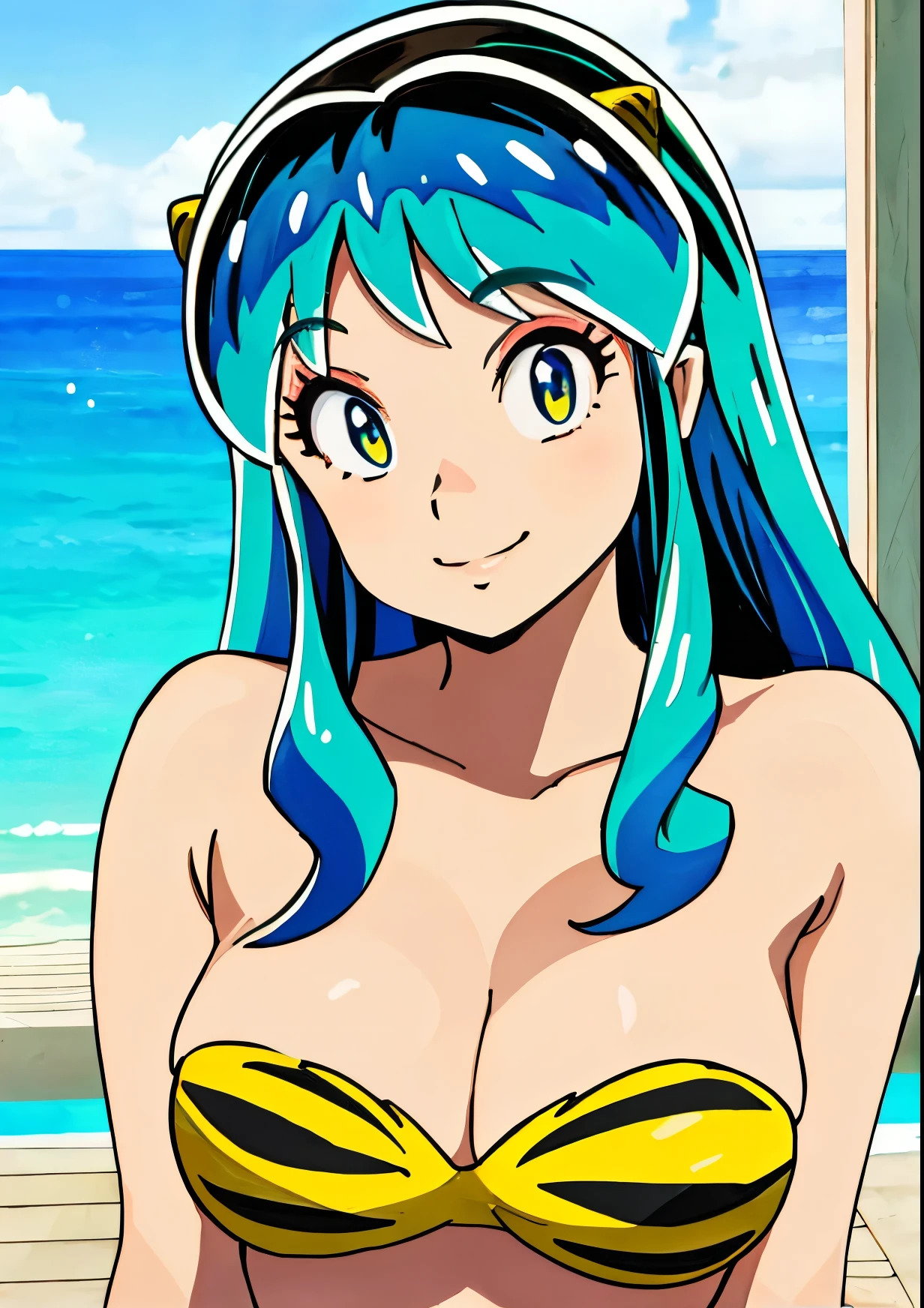 masterpiece, best quality, beautiful eyes, lum, strapless bikini, looking at viewer, smile, ocean