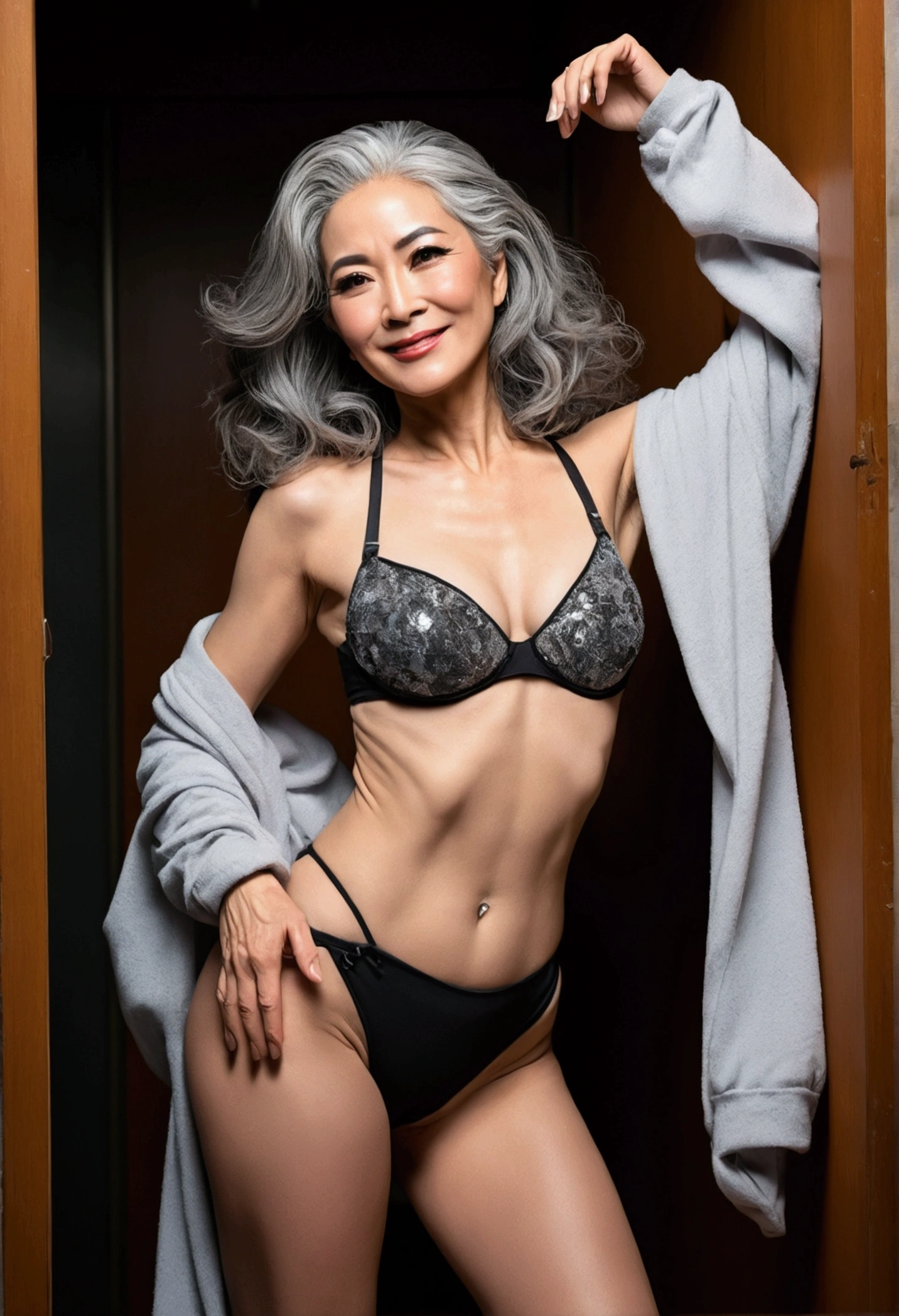 Gray hair, 50 years old, aging, long hair, dominant, brown eyes, dominant eyes, eye contact, arrogant, adult, thick eyebrows, evil smile, smirk, black eyeliner, sporty, tall, model, posing, pale ski with freckles in her chest. Create an intense, evocative full body image in the Japanese retro anime style of the 80s and 90s. The scene shows a female exotic dancer preparing for the next show. She is still in the changing room. She is stretching. Her attire is modern and accentuates the curves of her body and the dramatic shadows cast by the lighting. The background is stark, with sharp contrasts highlighting the contours of her form, evoking a sense of mystery and allure. Use a consistent design with vibrant colors.
