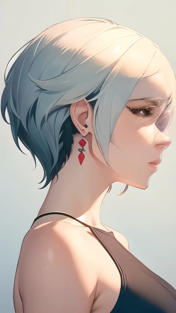 girl with low cut hair, profile, perfect  side profile view, earings, 8k, high quality, 