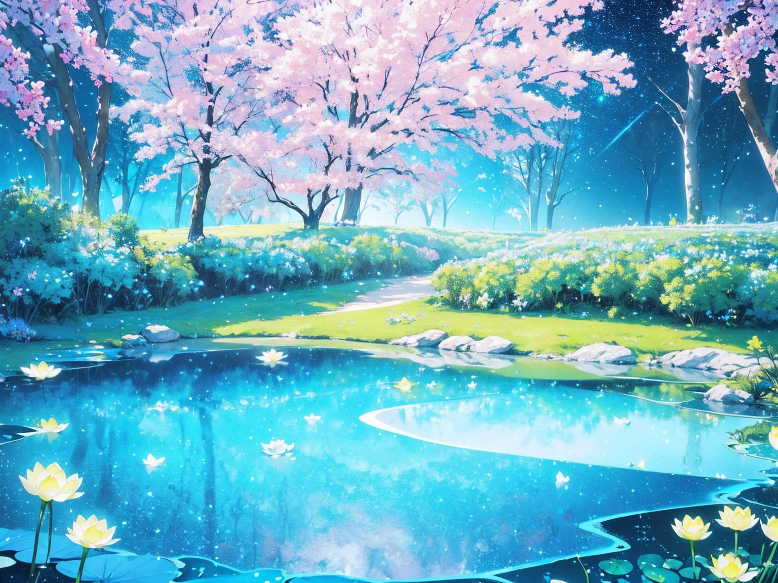 Mystical landscape with ((luminous starry blue and white lotuses emitting light particles)), iridescent aqua and seafoam green butterflies, beautiful sakura tree, (((unique view with extremely vivid multicolors without any people))), {extremely detailed 16k CG unity wallpaper}, expansive natural landscape photography, (wide open field view), (low angle shot),complex details, (iridescent colors: 1.6), (bright lighting), (atmospheric lighting), Dreamy, unique, no people, reflections perfect,(no humans),landscape only, pixiv_fantasia,((starry glittering pond,water filled with shimmering stardust))
