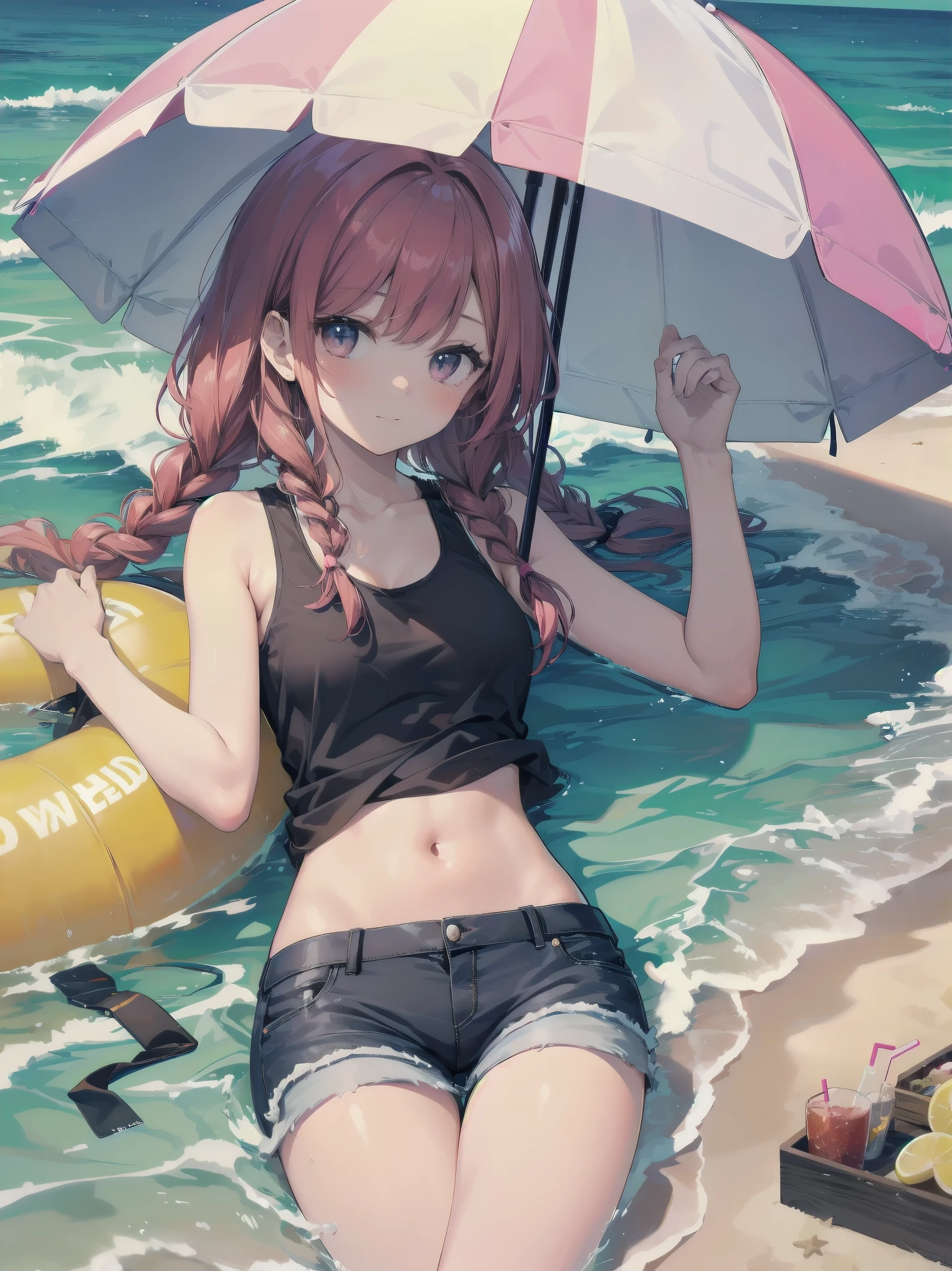 (Masterpiece: 1.2), (Best quality: 1.2), high resolution, detailed. BREAK. ((Cute girl with red hair in twin braids)), (1, pink tank top and shorts, , content expression: 1.3), drinking cold lemonade with straw, lying on beach towel. BREAK. Sunny beach, large umbrella, sandy beach, ocean with gentle waves, people playing in water. BREAK. ((Bright sunlight)), shimmering water, small portable fan nearby. BREAK. ((Positive: 1.3)). BREAK. Cheerful digital illustration, beach vacation mood