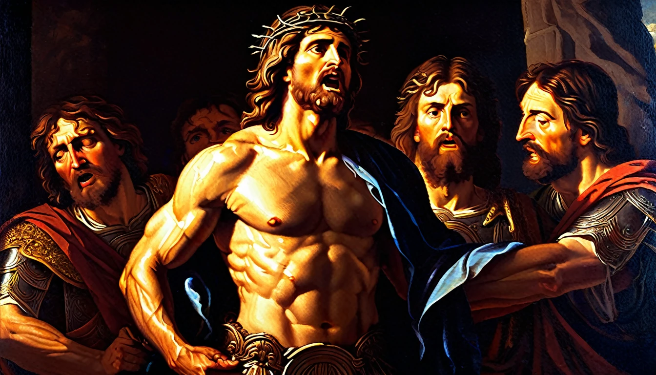 a detailed painting of roman soldiers arresting jesus christ, extremely detailed muscular jesus with long hair and beard, dramatic lighting, chiaroscuro, cinematic composition, ornate roman armor, intricate details, vibrant colors, dramatic shadows, realistic facial features, emotional expression, highly detailed biblical scene, renaissance art style, masterpiece, best quality, 8k