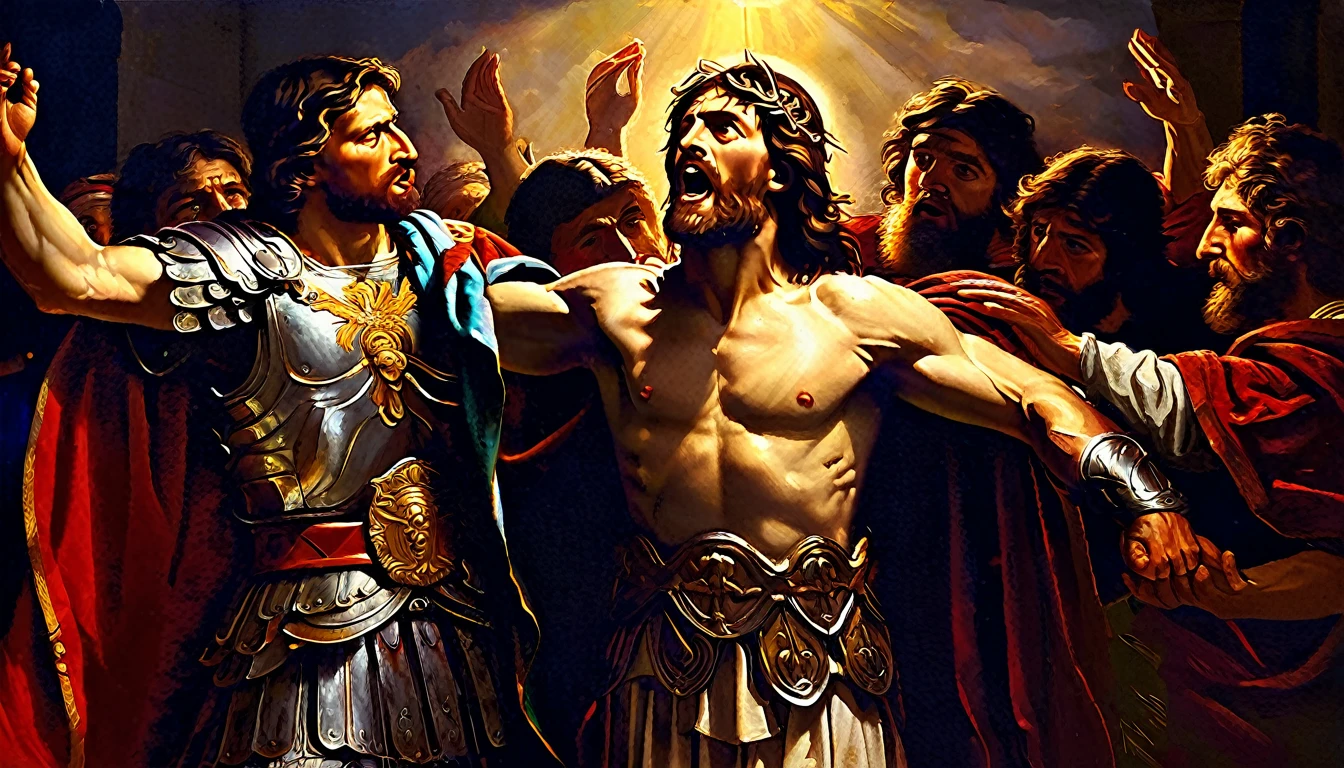 a detailed painting of roman soldiers arresting jesus christ, extremely detailed muscular jesus with long hair and beard, dramatic lighting, chiaroscuro, cinematic composition, ornate roman armor, intricate details, vibrant colors, dramatic shadows, realistic facial features, emotional expression, highly detailed biblical scene, renaissance art style, masterpiece, best quality, 8k