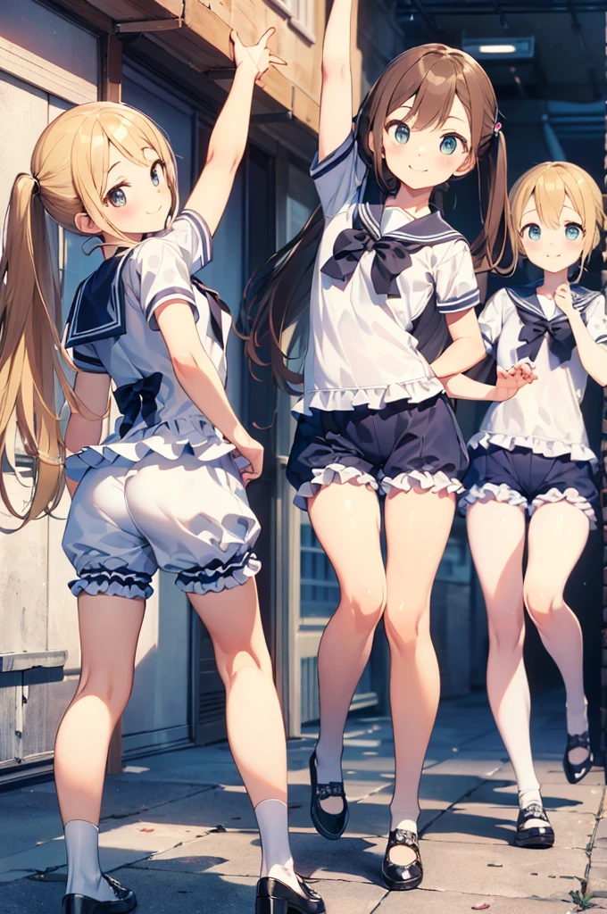 Multiple Girls, (masterpiece:1.8),(Highest quality:1.8),(Very detailed:1.8),(8k:1.8),(Ultra-fine Illustration:1.3),Random Hairstyles,Flat Chest,Sailor suit,Butt,(Frills,Bloomers:1.4),(Pose with a smile:1.5),running,(Full body angle),, Gymnastics