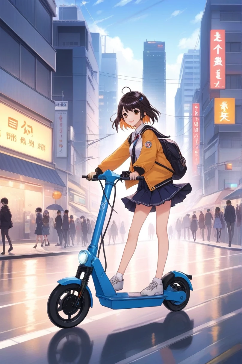 Anime artwork 2D, One Girl, Are standing, road, Riding an electric scooter around town . Anime Style, Key Visual, Studio Anime,Denim pants